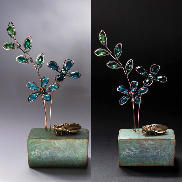 CRYSTAL FLOWERS WITH A BRASS CICADA ON A WOOD SLICE ... WINDOWSILL SUNCATCHER