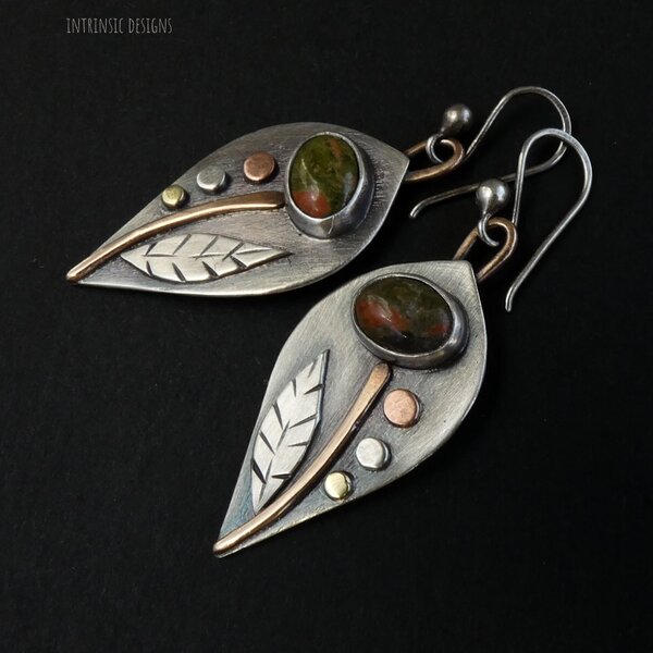 UNAKITE JASPER STERLING SILVER FLOWER EARRINGS WITH 935 ARGENTIUM SILVER EAR WIRES