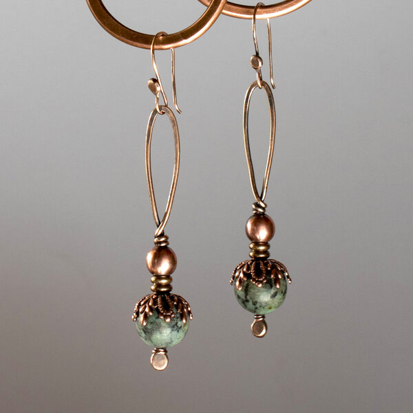 GREEN TURQUOISE MIXED METAL LONG DANGLE EARRINGS