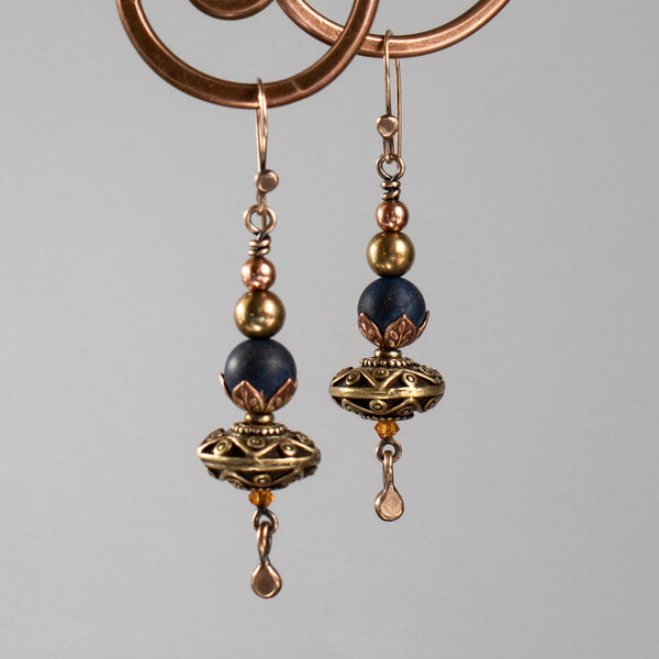 LAPIS LAZULI MIXED METAL LONG DANGLE EARRINGS WITH SOLID BRASS BALI BEAD