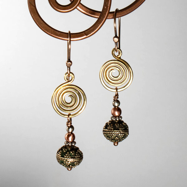 BRASS SPIRALS & MIXED METAL DANGLE EARRINGS WITH SOLID BRASS BALI FILIGREE BEADS.