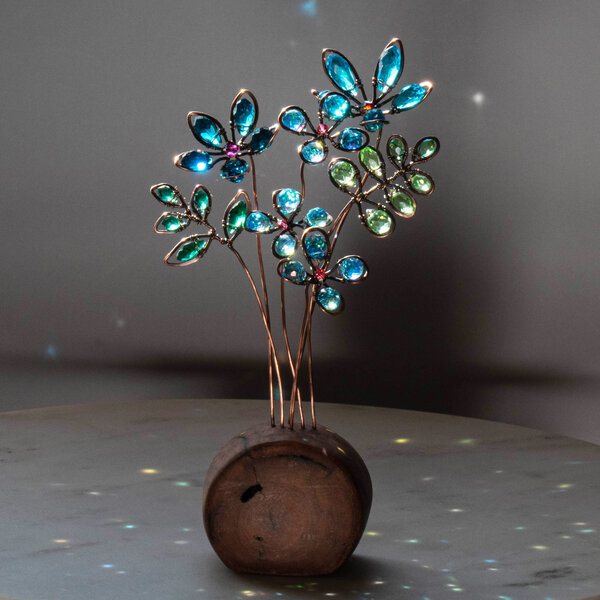 A BLUE BOUQUET OF FLOWERS ON A LOG  ... WINDOWSILL SUNCATCHER