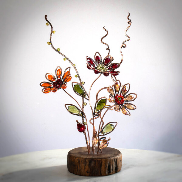 THREE GERBERAS ON A WOOD SLICE  ... WINDOWSILL SUNCATCHER .... IKEBANA STYLE