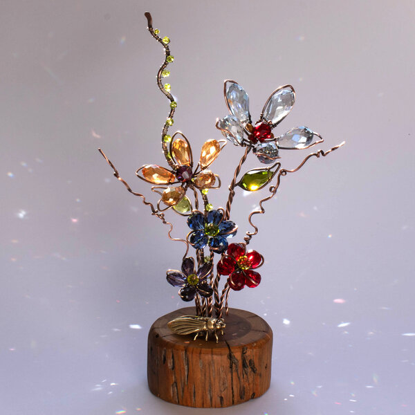 FLOWERS & A CICADA ON A WOOD SLICE  ... WINDOWSILL SUNCATCHER .... IKEBANA STYLE