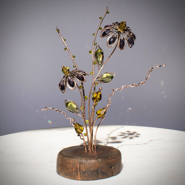 PURPLE CONEFLOWER (Echinacea Purpurea) ON A WOOD SLICE  ... WINDOWSILL SUNCATCHER .... IKEBANA STYLE