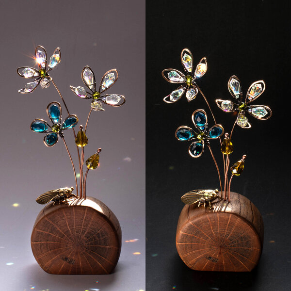 CRYSTAL FLOWERS WITH A BRASS CICADA ON A LOG SLICE ... WINDOWSILL SUNCATCHER