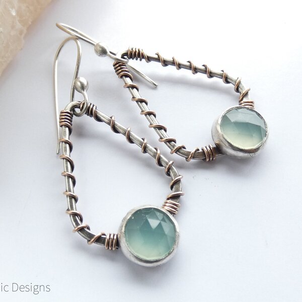 SEAFOAM CHALCEDONY STERLING SILVER AND BRONZE EARRINGS WITH 935 ARGENTIUM SILVER EAR WIRES
