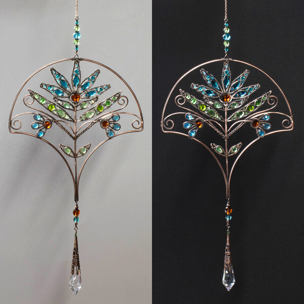 ART DECO STYLE FLORAL CRYSTAL WINDOW SUNCATCHER IN BRONZE AND COPPER