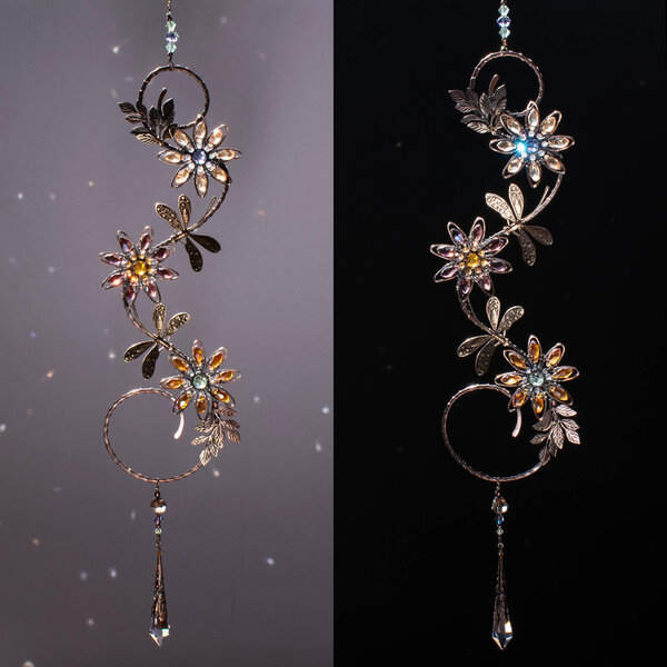 TWO DRAGONFLIES ON A BRANCH WITH THREE DAISIES ....  CRYSTAL WINDOW SUNCATCHER IN MIXED METALS