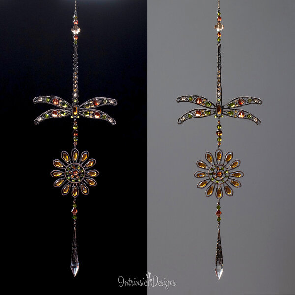 LARGE DRAGONFLY & SUNFLOWER MIXED CRYSTAL SUNCATCHER IN MIXED METALS