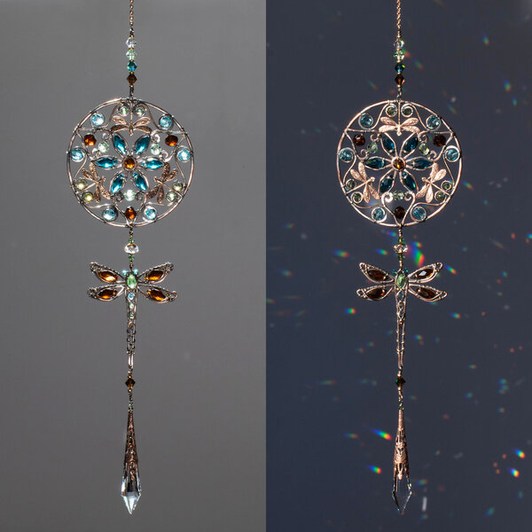 MANDALA WITH DRAGONFLIES CRYSTAL WINDOW SUNCATCHER IN COPPER & BRONZE