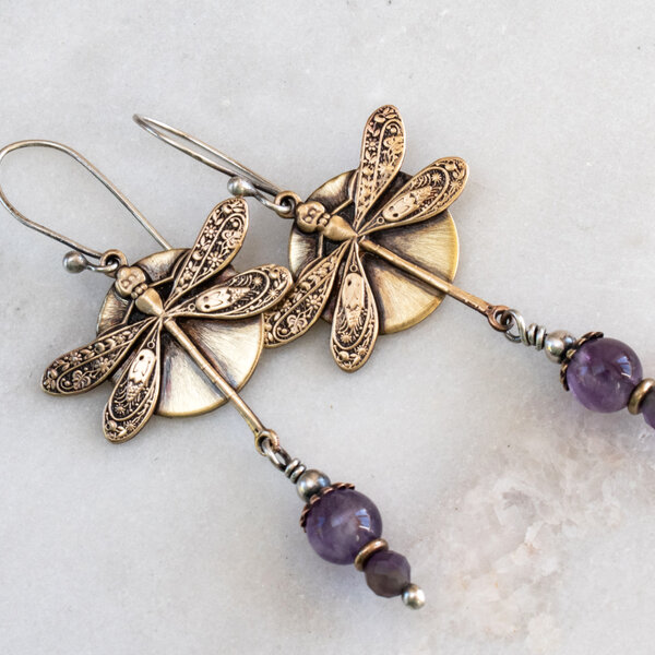 AMETHYST DRAGONFLY EARRINGS IN MIXED METALS WITH 935 ARGENTIUM SILVER EAR WIRES