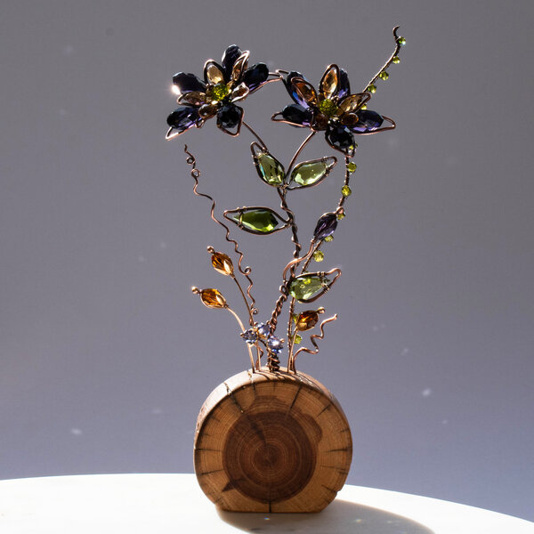 BOUQUET OF CRYSTAL FLOWERS ON A LOG  ... IKEBANA INSPIRED WINDOWSILL SUNCATCHER