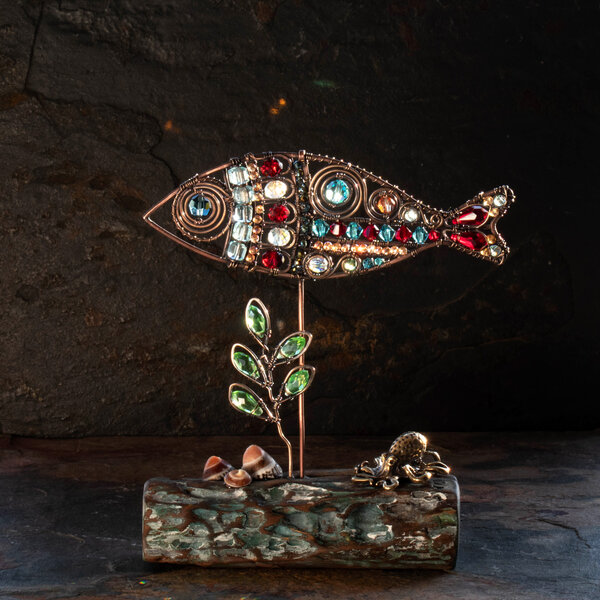 FISH, BRASS OCTOPUS AND SHELLS ON DRIFTWOOD WITH SWAROVSKI AND AUSTRIAN CRYSTALS ....  WINDOWSILL SUNCATCHER