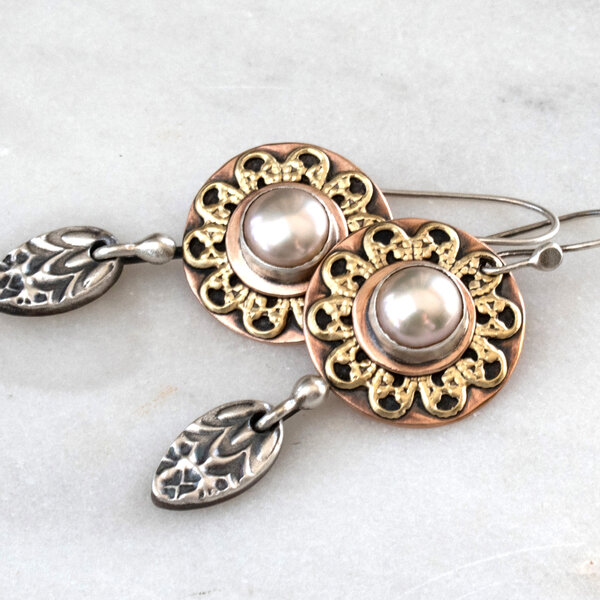 FILIGREE FRESHWATER PEARL EARRINGS IN MIXED METALS WITH 935 ARGENTIUM SILVER EAR WIRES
