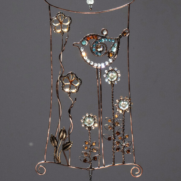 BIRD IN A CAGE SWAROVSKI CRYSTAL, CZECH GLASS & GEMSTONE WINDOW SUNCATCHER IN MIXED METALS