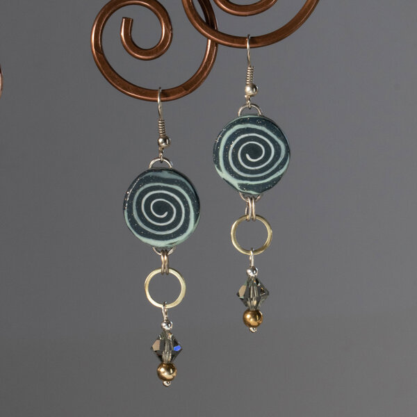 POLYMER CLAY SPIRAL EARRINGS WITH SWAROVSKI CRYSTAL AND SILVER PLATED EAR WIRES