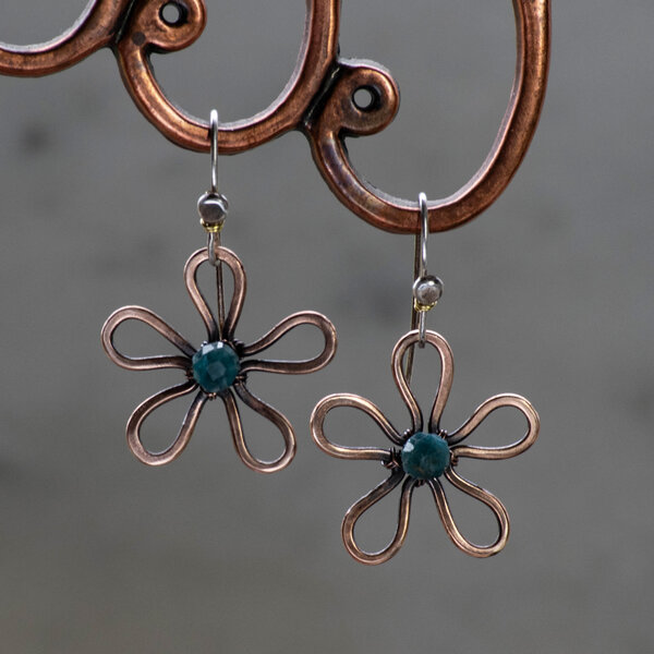 BLUE GREEN APATITE FLOWER DROP EARRINGS IN MIXED METALS WITH 935 ARGENTIUM SILVER EAR WIRES
