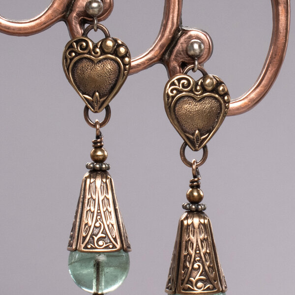 GREEN FLUORITE AND STAMPED BRASS EARRING WITH STERLING SILVER POST EAR WIRES