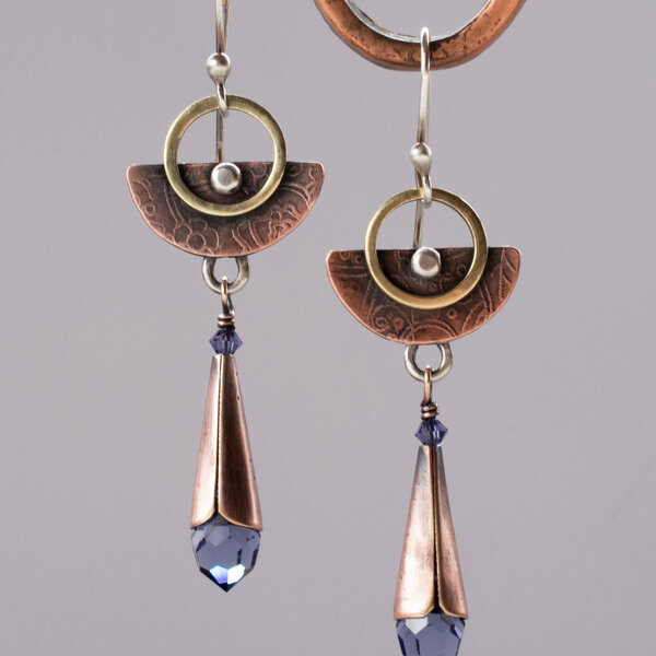 AMETHYST SWAROVSKI CRYSTAL DANGLE EARRINGS IN MIXED METALS WITH STERLING SILVER EAR WIRES