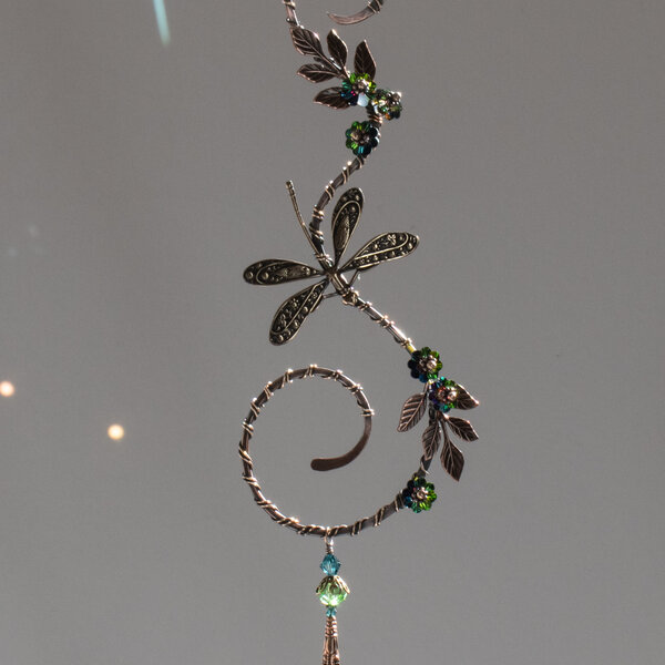 DRAGONFLY ON A BRANCH SWAROVSKI CRYSTAL WINDOW SUNCATCHER IN MIXED METALS
