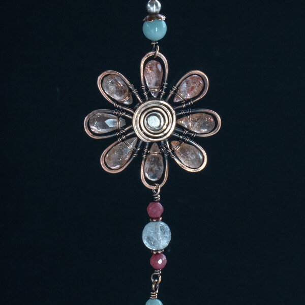 GEMSTONE FLOWER  CAR REAR VIEW MIRROR DANGLES .... ADJUSTABLE