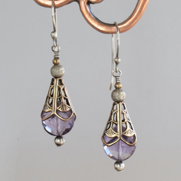 FACETED AMETHYST COIN EARRINGS WITH MIXED METALS & STERLING SILVER EAR WIRES