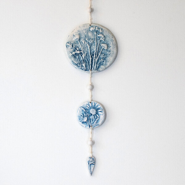BOTANICAL BAS RELIEF SCULPTURE WALL HANGING IN BLUE AND WHITE