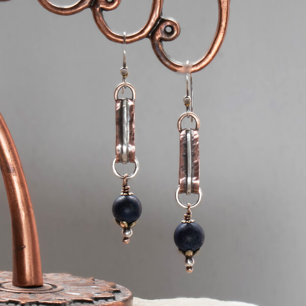 LAPIS LAZULI DROP EARRINGS IN MIXED METALS WITH 935 ARGENTIUM SILVER EAR WIRES