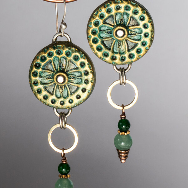 POLYMER CLAY TILE AND GEMSTONE EARRINGS WITH STERLING SILVER EAR WIRES