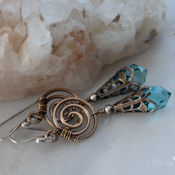 TURQUOISE SWAROVSKI CRYSTAL & FILIGREE CAP EARRINGS IN MIXED METALS WITH STERLING SILVER EAR WIRES