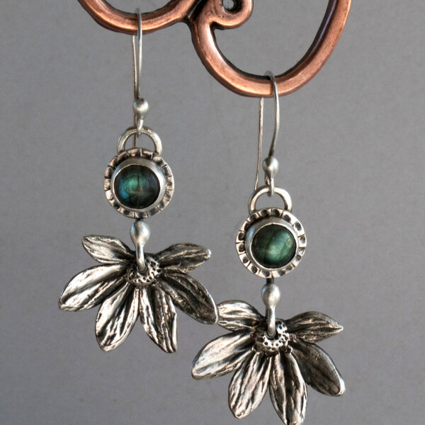 LABRADORITE FLOWER EARRINGS IN FINE SILVER WITH 935 ARGENTIUM SILVER EAR WIRES