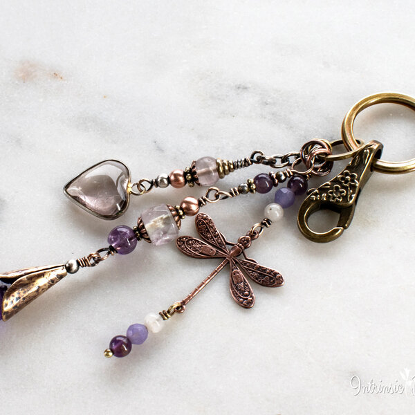 DRAGONFLY AND GEMSTONE MIXED METAL PURSE KEYRING