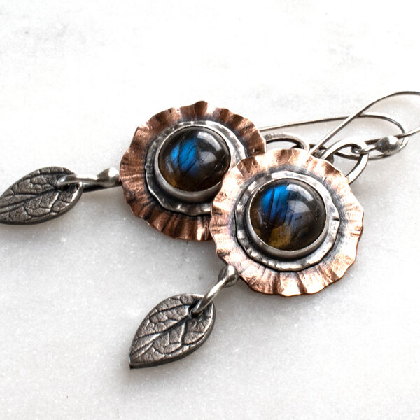 LABRADORITE FLOWER & LEAF EARRINGS IN MIXED METALS WITH 935 ARGENTIUM SILVER EAR WIRES