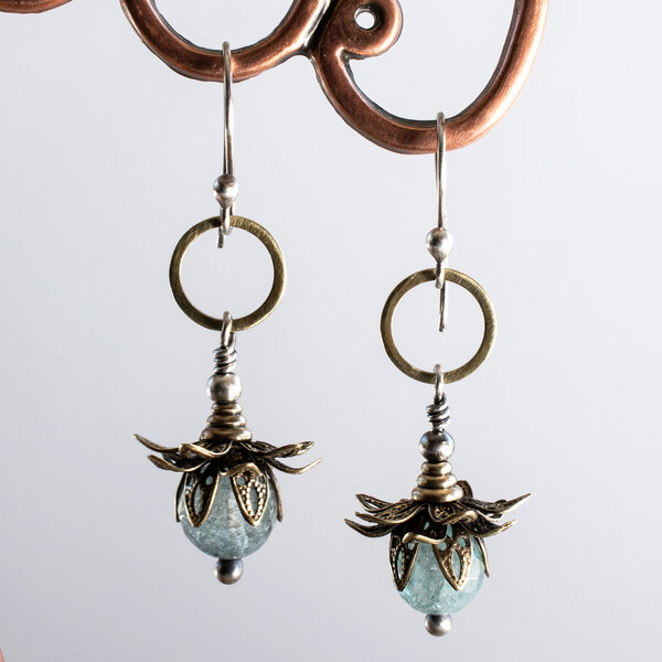 AQUAMARINE FLORAL  MIXED METAL EARRINGS WITH 935 ARGENTIUM SILVER EAR WIRES