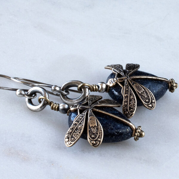 LAPIS LAZULI DRAGONFLY EARRINGS WITH 935 ARGENTIUM SILVER EAR WIRES