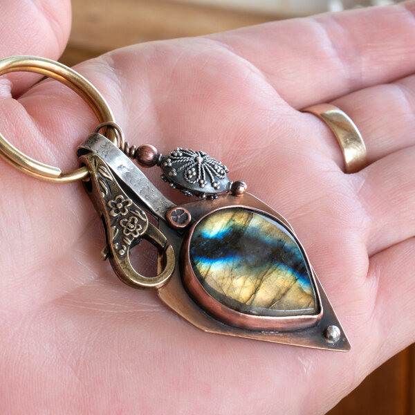 LABRADORITE AND STERLING SILVER BALI BEAD KEYRING / BAG KEY CHARM