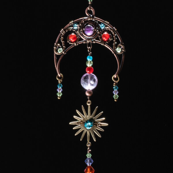 MOON GEMSTONE AND SWAROVSKI CRYSTAL CAR REAR-VIEW MIRROR DANGLE .... ADJUSTABLE