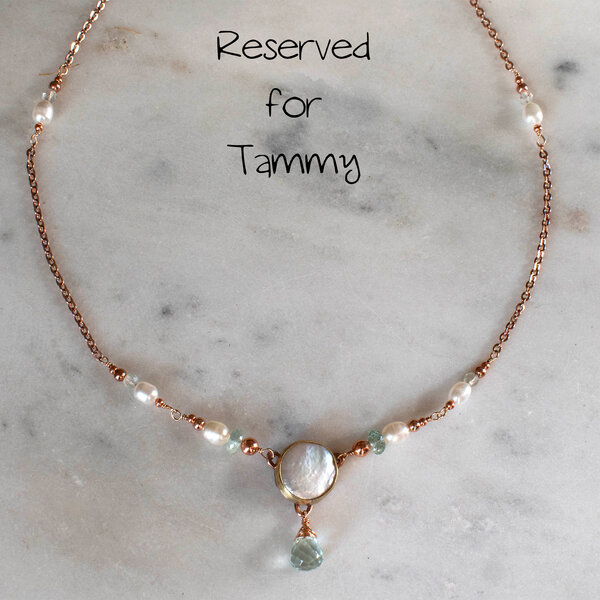 RESERVED FOR TAMMY....  FRESHWATER PEARL & AQUAMARINE PRINCESS NECKLACE IN MIXED METALS.