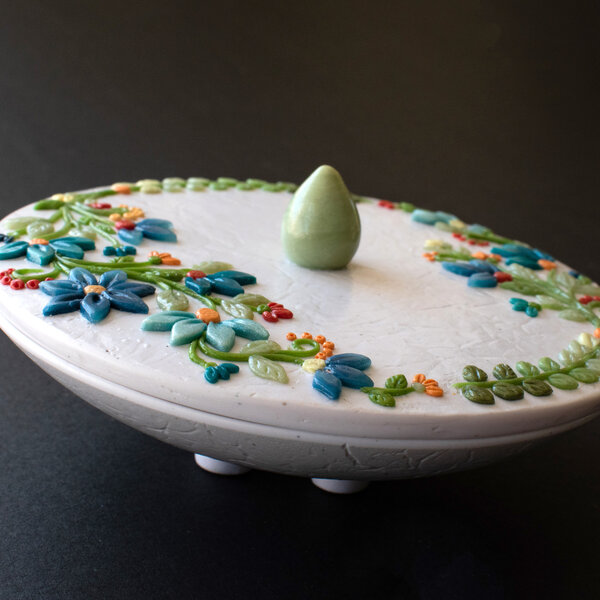 SPRING FLORAL TRINKET DISH WITH LID IN OVEN BAKED POLYMER CLAY