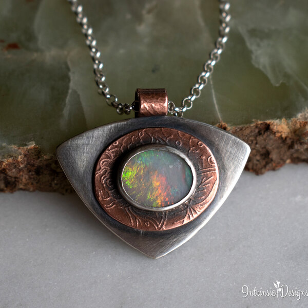 SOLID BLACK OPAL STERLING SILVER AND MIXED METAL PENDANT NECKLACE