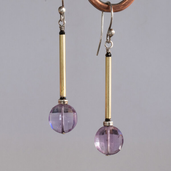 FACETED AMETHYST COIN EARRINGS WITH MIXED METALS & STERLING SILVER EAR WIRES