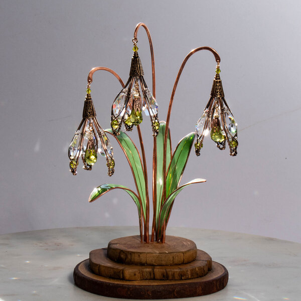 'RESERVED" BOUQUET OF CRYSTAL SNOWDROPS WITH RESIN LEAVES ON A WOOD SLICE STAND  ... IKEBANA INSPIRED WINDOWSILL SUNCATCHER