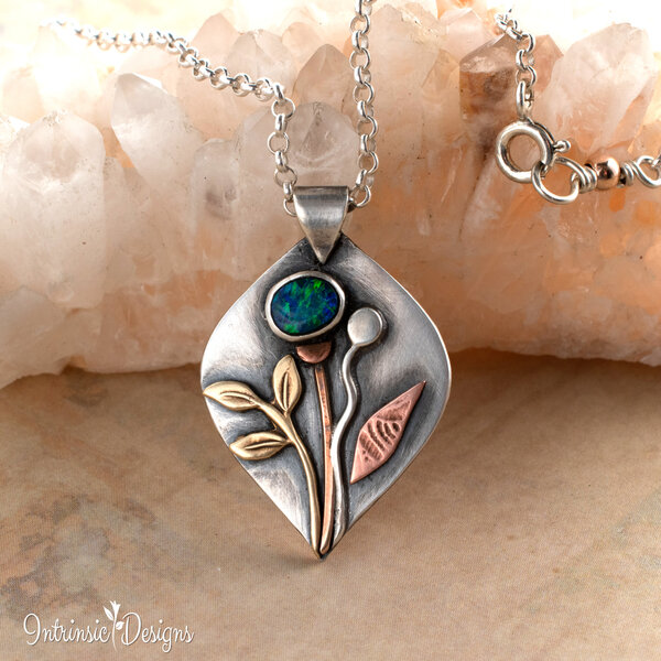 BLACK OPAL FLORAL STERLING SILVER AND MIXED METAL PENDANT NECKLACE