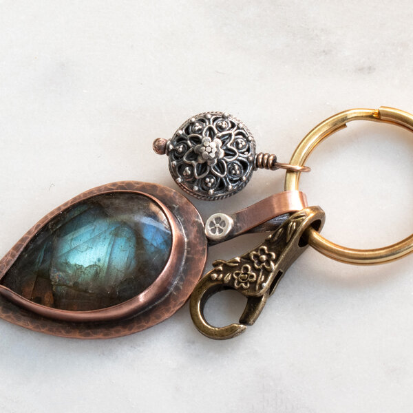 LABRADORITE AND STERLING SILVER BALI BEAD KEYRING / BAG KEY CHARM