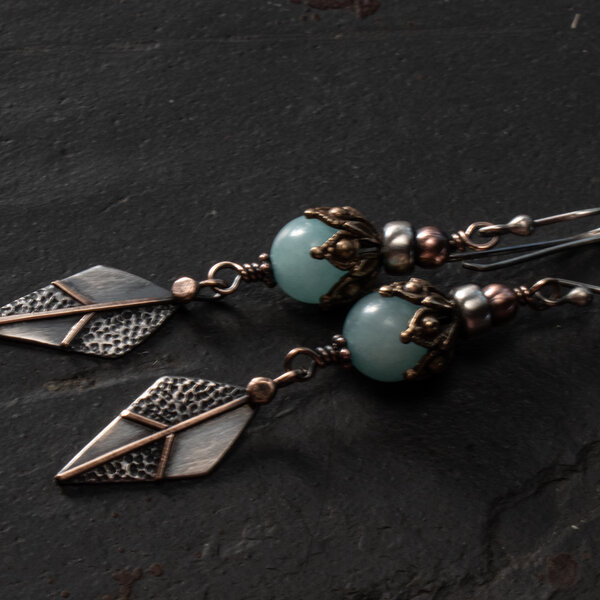 AMAZONITE DANGLE EARRINGS IN STERLING SILVER AND MIXED METALS WITH STERLING SILVER EAR WIRES