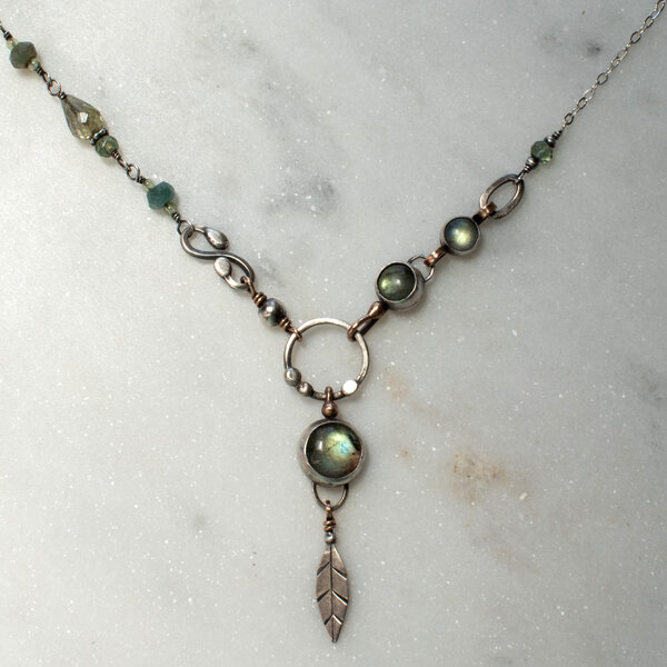 LABRADORITE, TOURMALINE, APATITE AND PERIDOT STERLING SILVER AND MIXED METAL NECKLACE