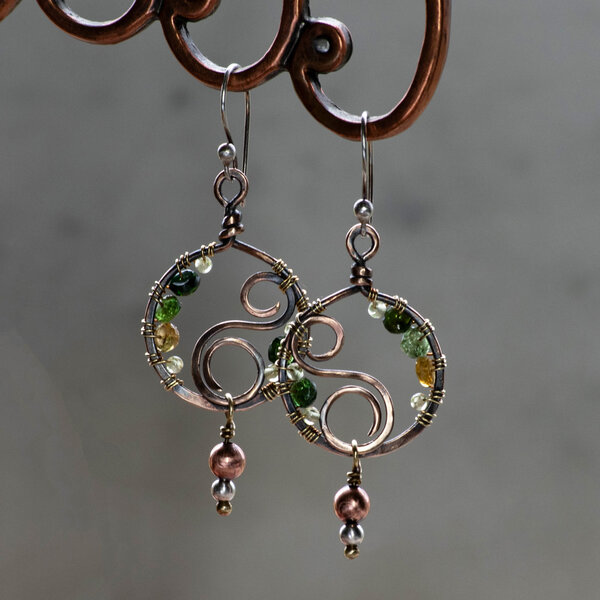 GREEN TOURMALINE ROUND DROP EARRINGS IN MIXED METALS WITH 935 ARGENTIUM SILVER EAR WIRES