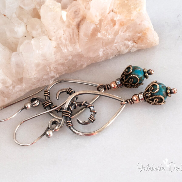 TURQUOISE DROP EARRINGS IN STERLING SILVER AND MIXED METALS WITH STERLING SILVER EAR WIRES