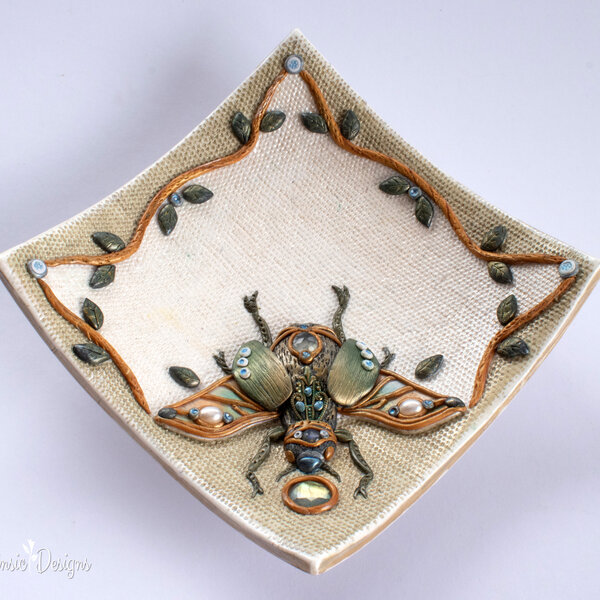 CURVED SQUARE POLYMER CLAY RING DISH WITH A JEWEL SCARAB BEETLE SCULPURE AND GEMSTONES